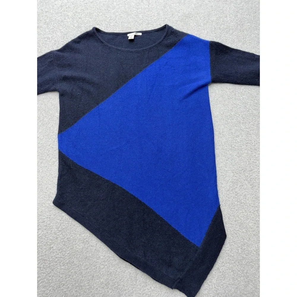 Sweater Tunic Petite Womens XS Blue Colorblock Cashmere Scoop Neck Asym Hem